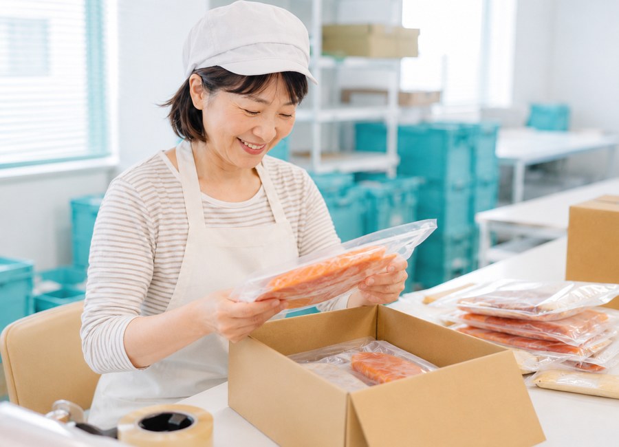 真空パック食材を検品する様子